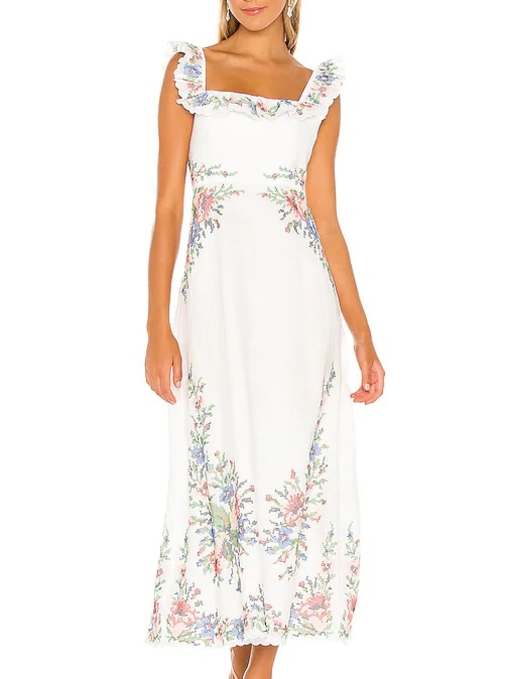 Zimmermann Juliette Ruffled Cross-Stitched Linen Midi Dress